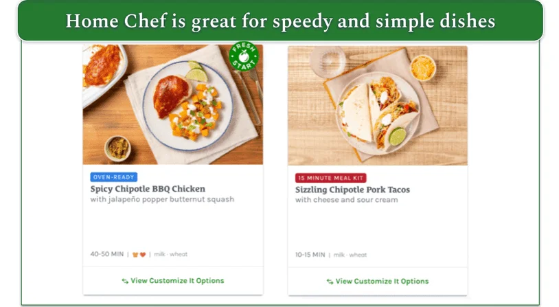 Screenshot from Home Chef's menu, emphasizing its fast and easy options.