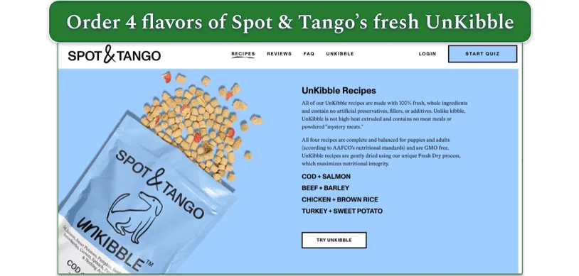 Screenshot of Spot & Tango’s UnKibble page showing 4 recipes listed