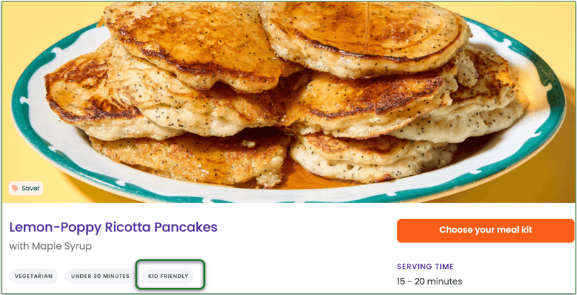 Dinnerly’s Lemon-Poppy Ricotta Pancakes with kid-friendly tag highlighted