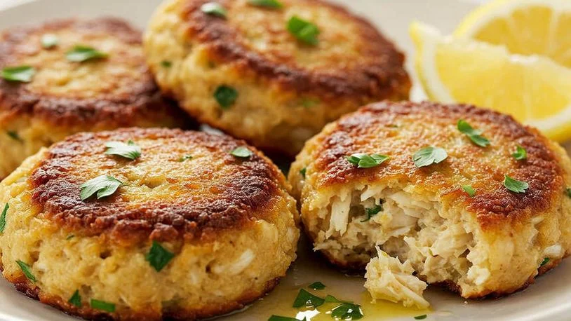 Crab cakes on a plate beside a couple of lemon slices.