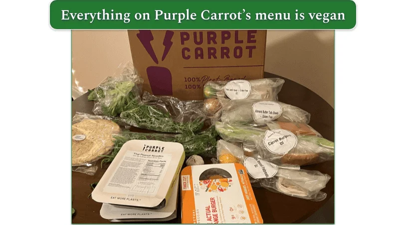 The contents of a Purple Carrot shipment