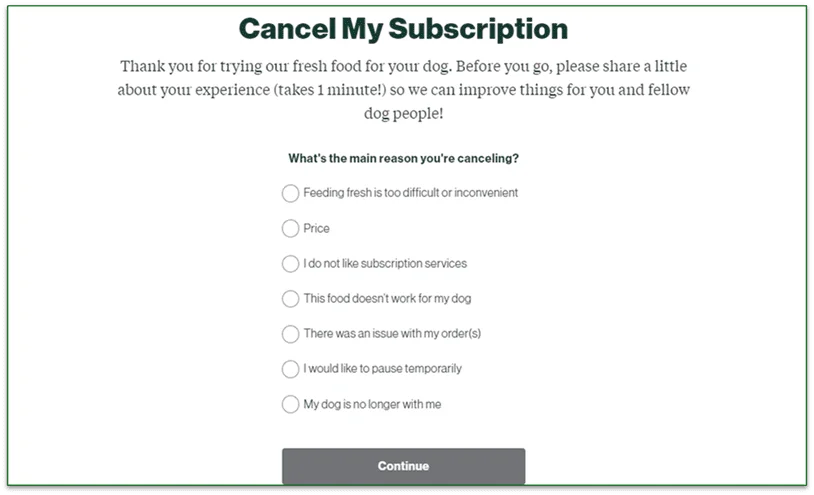 Screenshot of the Cancel My Subscription screen with a question asking the reason for canceling followed by a range of various options