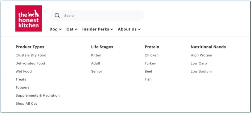 Screenshot of The Honest Kitchen’s drop-down menu for cat products