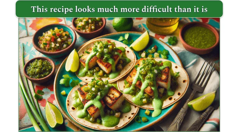 image of swordfish tacos with salsa verde and green onion crema