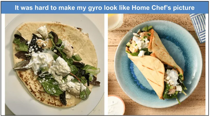 Home Chef's Gyro stock photo compared to the actual dish