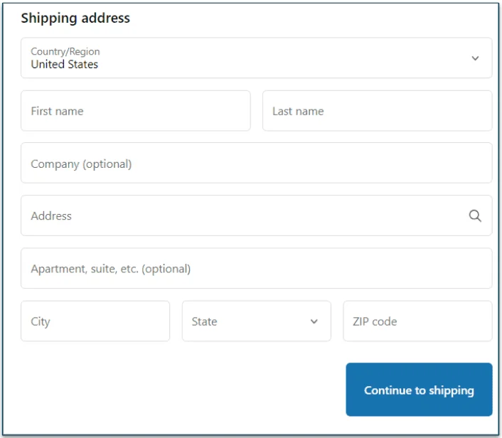 Screenshot of shipping address screen