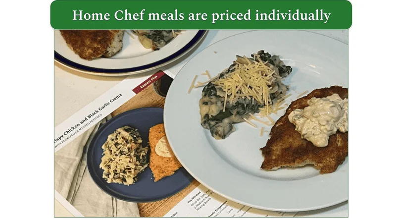 Home Chef’s Crispy chicken and black garlic crema plated next to the recipe card