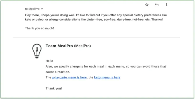 a screenshot of mealpro's email support
