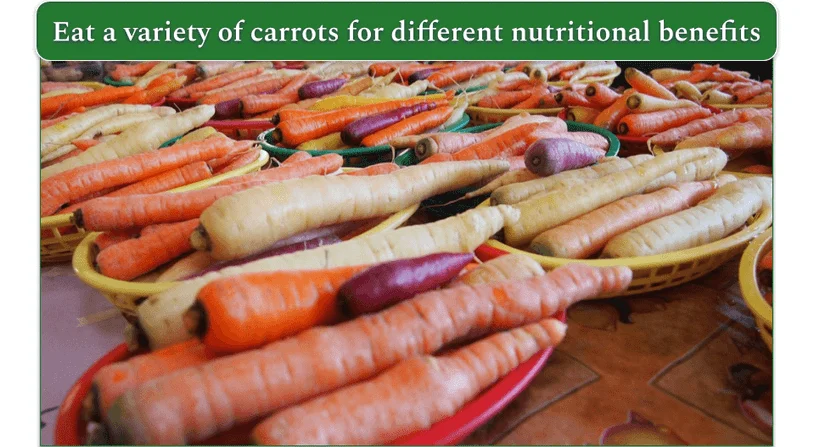 Baskets of yellow, purple, and orange colored carrots