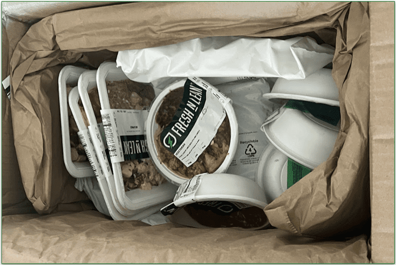 Photo of the meals and ice packs inside Fresh N Lean's delivery box
