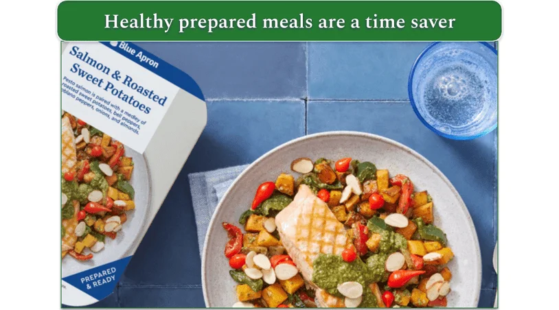 Blue Apron's Salmon & Roasted Sweet Potatoes Prepared & Ready meal served on a plate