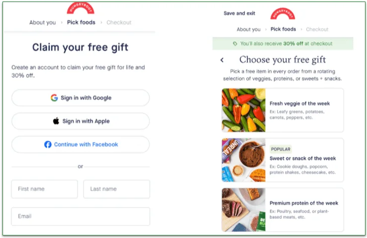 Create account and free gift choice during signup