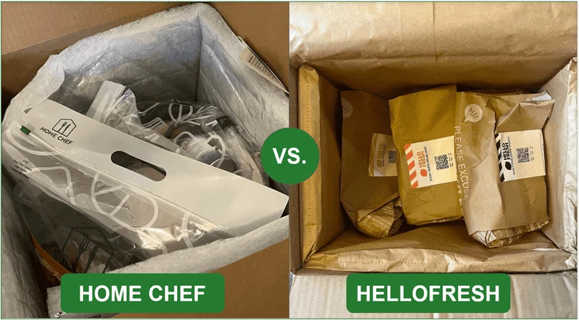 Opened Home Chef delivery box alongside opened HelloFresg delivery box