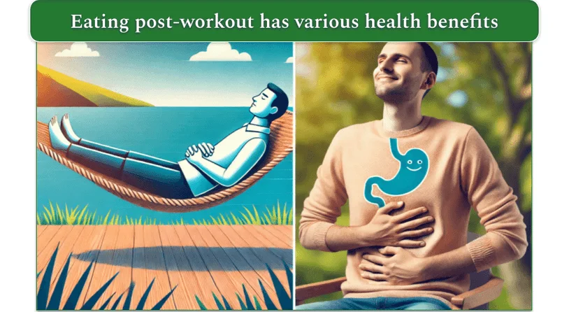 An image indicating a few benefits of eating after training, such as stress relief and gut health.