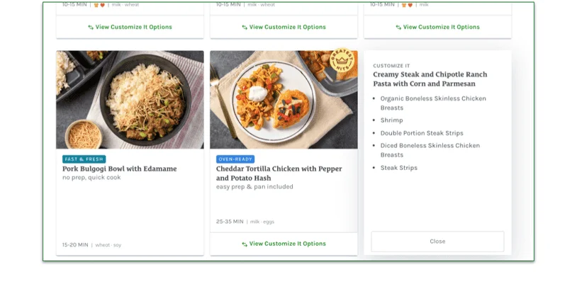 A screenshot of the Fresh and Easy menu with a list of the Customize It options available for Creamy Steak and Chipolte Ranch Pasta.