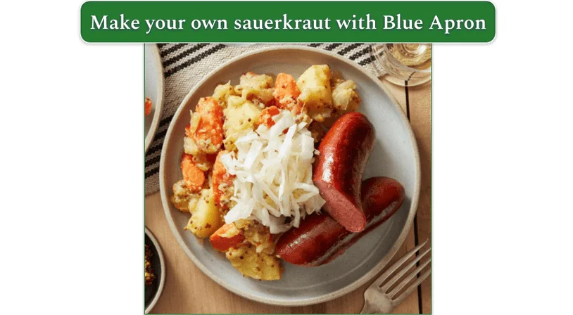 Blue Apron Beef knockwurst and sauerkraut with potato salad and whole grain mustard