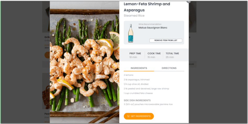 screenshot of eMeals Lemon-Feta shrimp and Asparagus recipe card