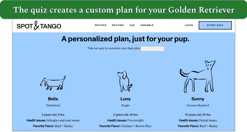 Screenshot of Spot & Tango’s website showing 3 plans for different breeds