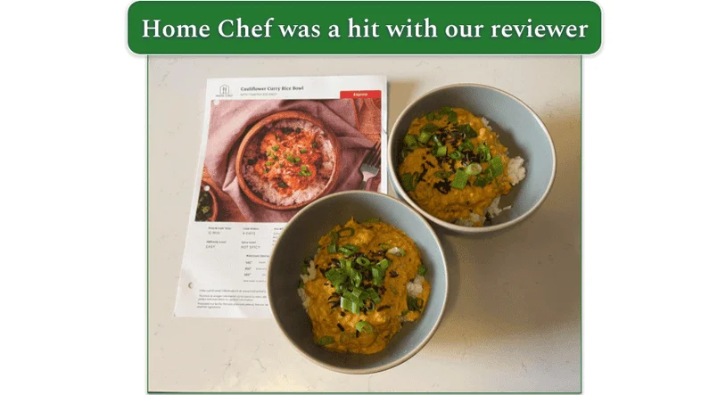 Two plates of cauliflower curry rice bowl as prepared by our reviewer