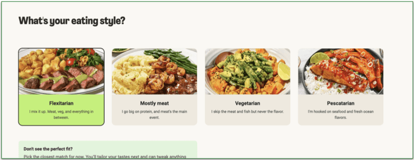 screenshot of "What's your eating style" screen of helloFresh sign up quiz