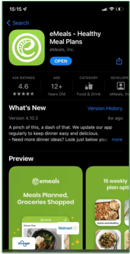 screenshot of eMeals app available to download in the App Store