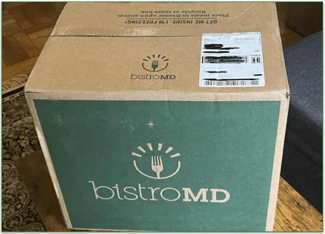Photo of a sealed BistroMD delivery box with instructions to freeze the meals on arrival