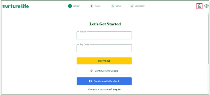 The Signup page on the Nurture Life website