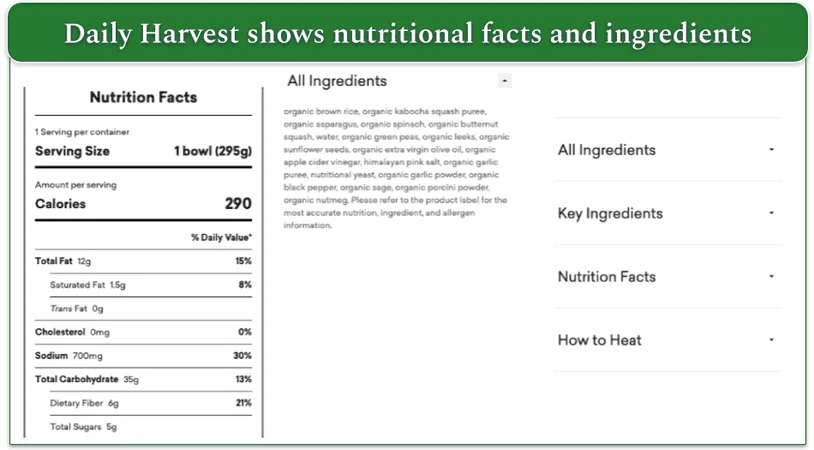 Nutritional information and ingredients lists clearly displayed on Daily Harvest website