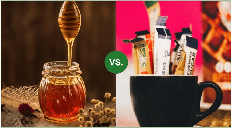 Comparison image of natural honey and processed white sugar in packets