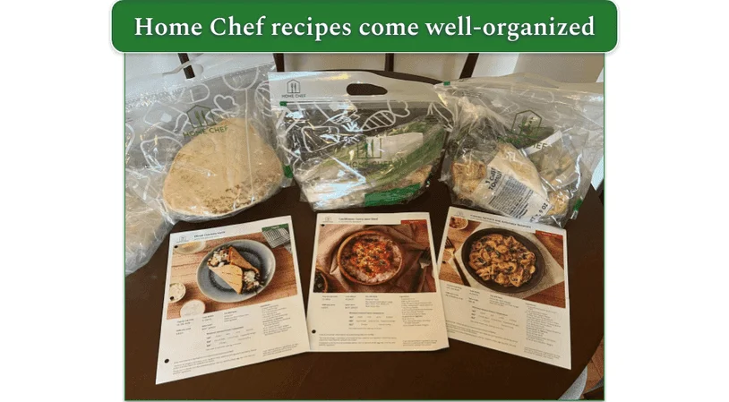 Three Home Chef recipe cards and three corresponding bags of ingredients