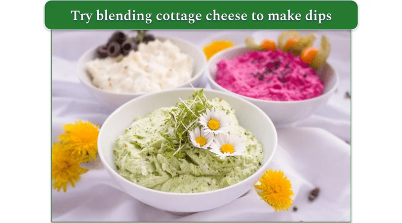 3 different colored dips served in bowls