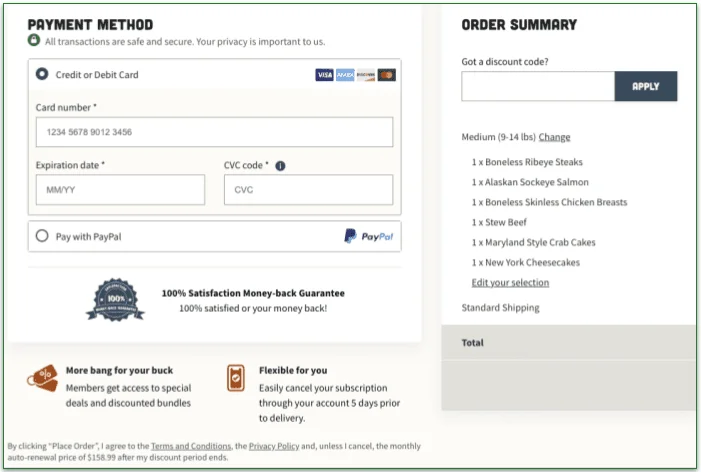 Screenshot of Good Chop's payment page