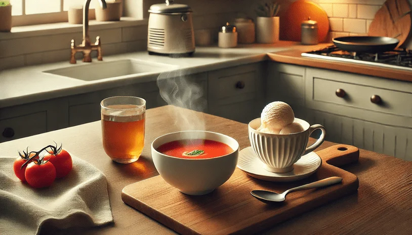 Bowl of soup, ice cream, and herbal tea on a kitchen counter