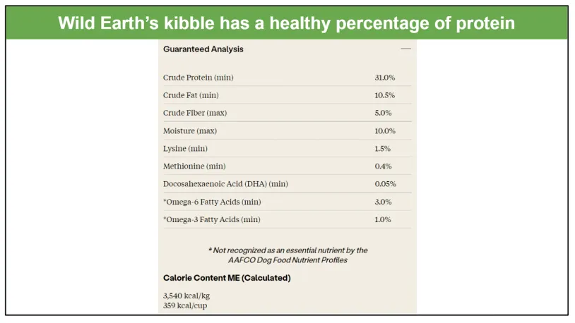 Wild Earth's kibble Guaranteed Analysis
