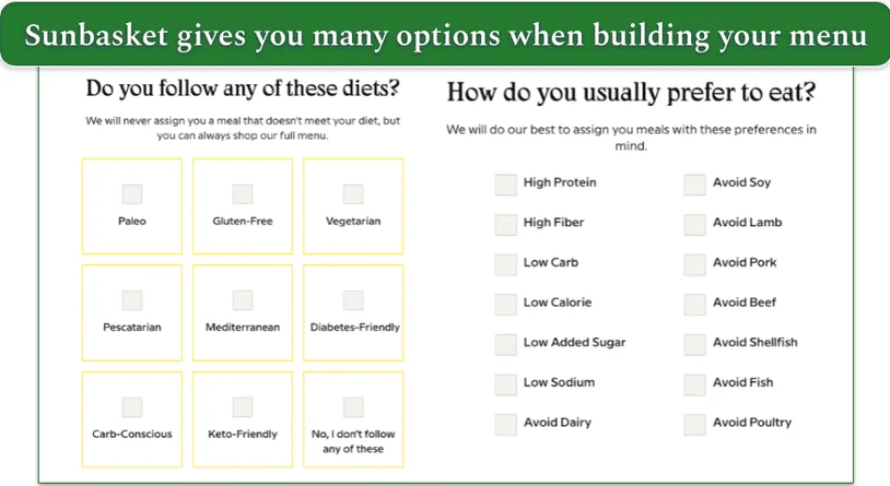 A snapshot of Sunbasket's menu options and preferences list.