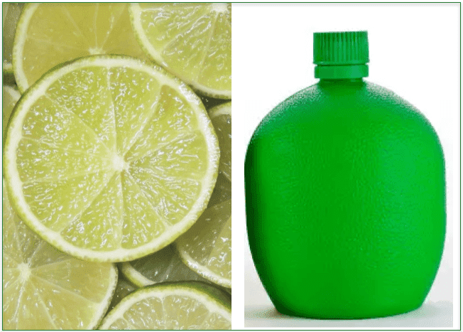 image of fresh lime (left) and a bottle (right)