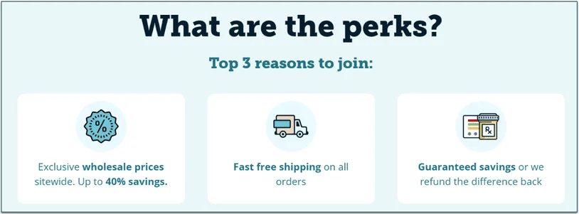 Image of the top 3 reasons to join PetPlus: wholesale prices, free shipping, and guaranteed savings or a refund of the difference