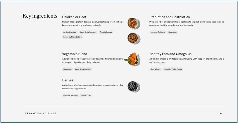 screenshot of a key ingredients section from the golden child website highlighting ingredients and their function