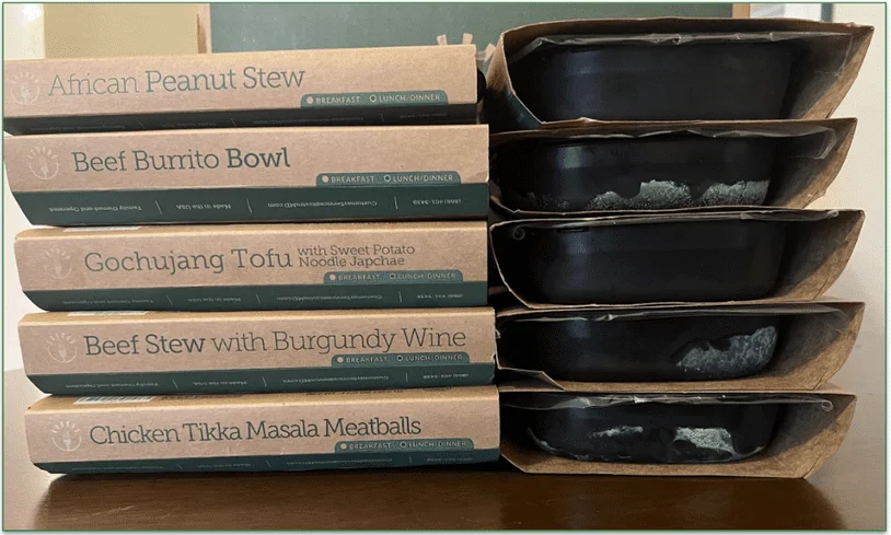 Photo of a stack of BistroMD's frozen prepared meals