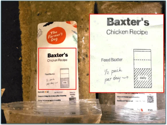 Packaging for The Farmer's Dog's Chicken Recipe with a closeup on its customized feeding instructions