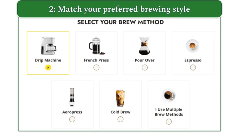 Screenshot of brew method options during signup