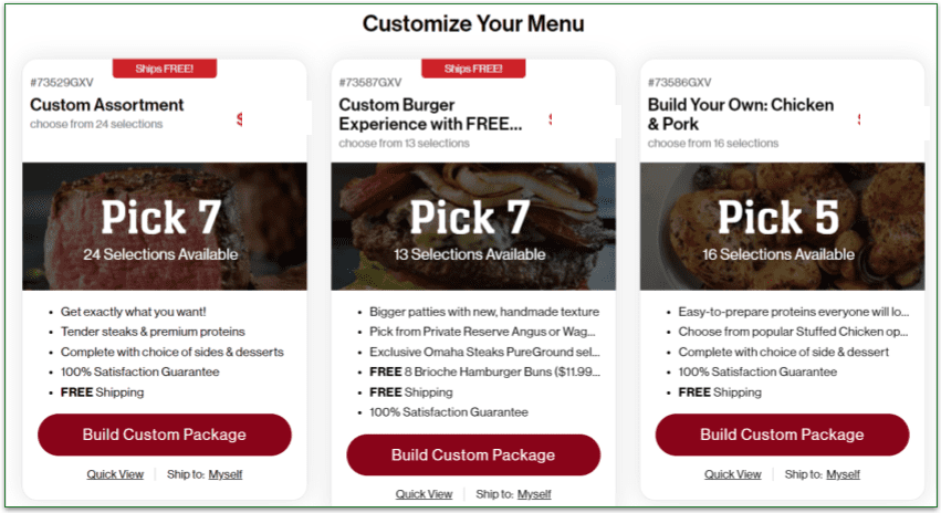 Omaha Steaks shopping and personalization options