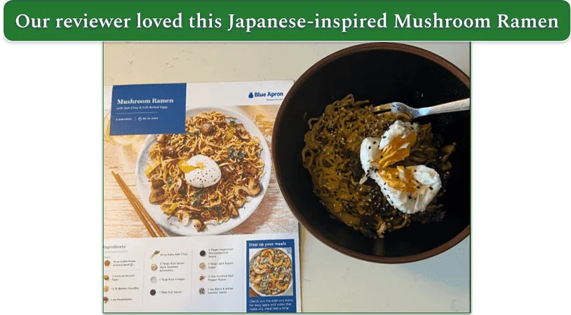 Blue Apron’s Japanese-inspired Mushroom Ramen next to the recipe card