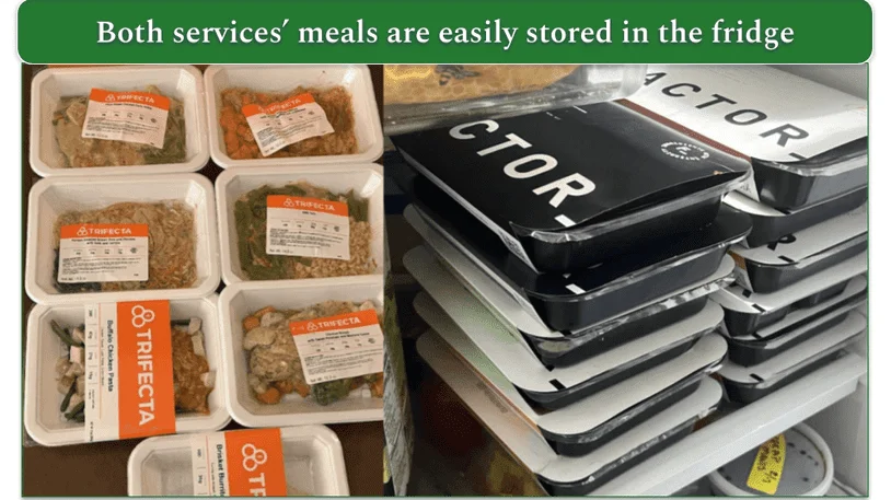 Trifecta's meals in microwaveable trays next to Factor's meals stacked in a fridge