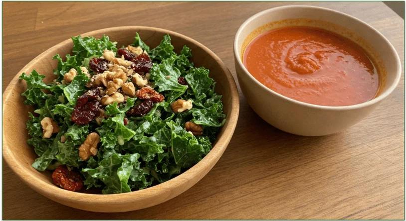 A bowl of kale salad with various dried and fresh fruits, nuts, and seeds.