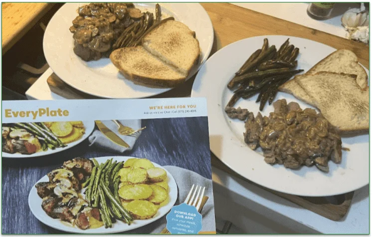The Creamy Mushroom Steak dish derived on plates with bread as a side next to the dish on a recipe card served with potato rounds