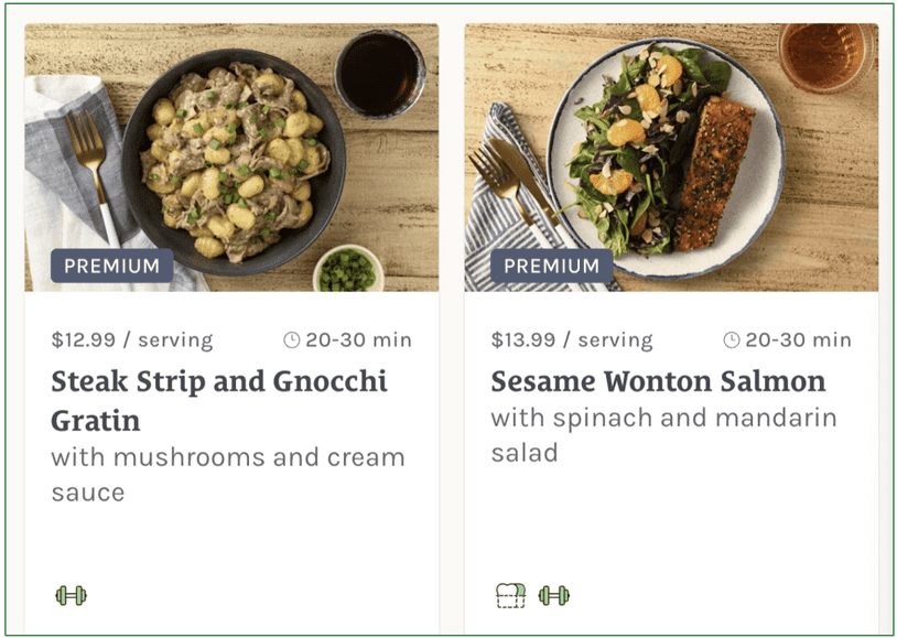 Screenshot of Fresh and Easy's Steak Strip and Gnocchi Gratin ($12.99/serving) and Sesame Wonton Salmon ($13.99/serving).