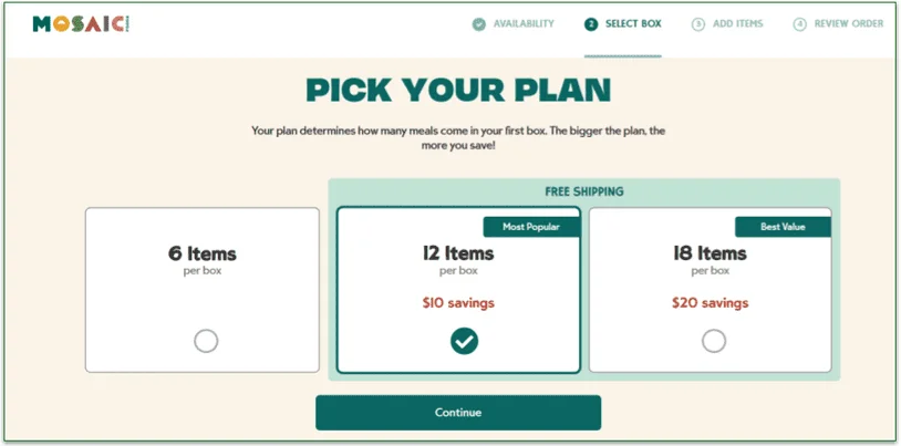 Mosaic's pick your plan screen