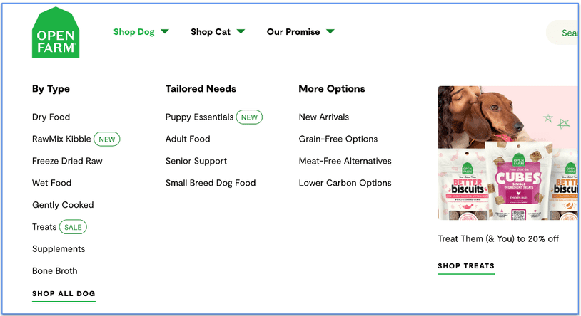 Screenshot of Open Farm’s dog food menu by type and needs