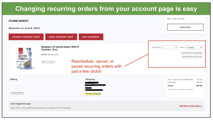 A screenshot of The Honest Kitchen's order page, with a recurring order marked to show schedule, pause, and cancellation options.